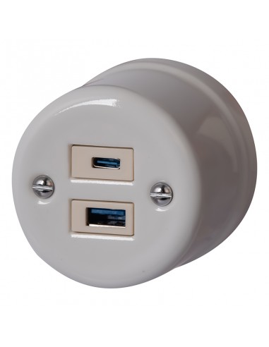 Keramische Aufputz-Steckdose 1x USB-A / 1x USB-C