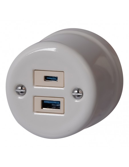 Keramische Aufputz-Steckdose 1x USB-A / 1x USB-C