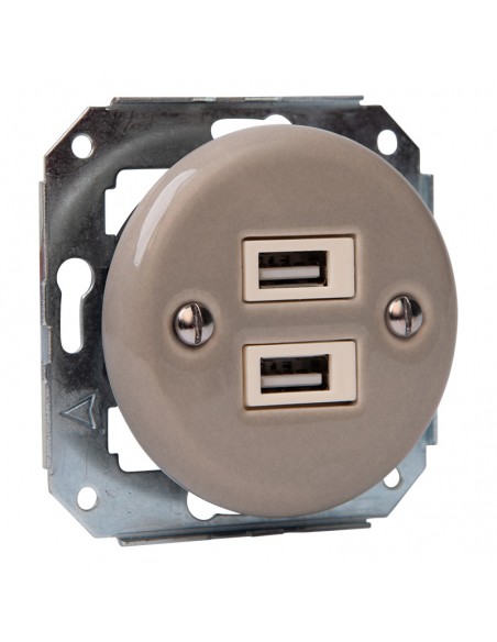 Keramische Unterputz-Steckdose mit 2× USB, pastelloliv
