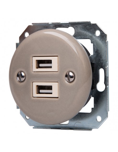 Keramische Unterputz-Steckdose mit 2× USB, pastelloliv