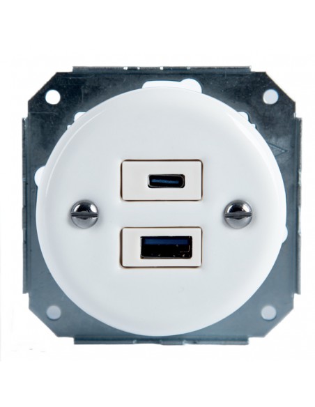 Keramische Unterputz-Steckdose 1xUSB A / 1xUSB C Weiß